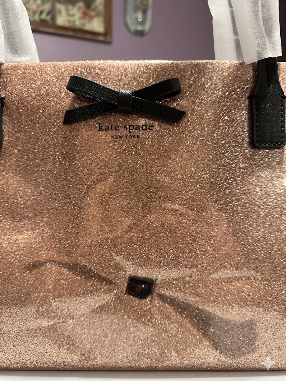 Kate Spade Rose Gold Glitter Tote with Black Bow